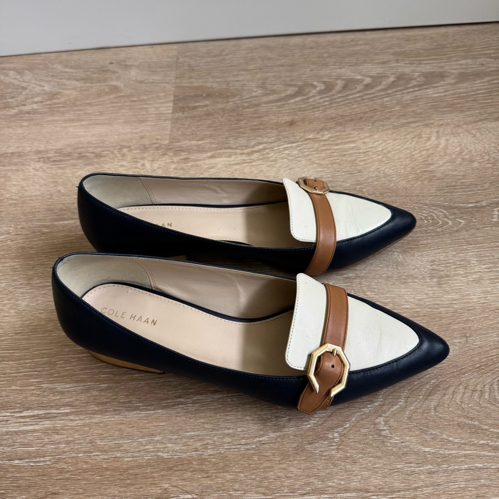 Cole Haan Navy, White & Brown Pointed Loafers with Gold Buckle - Picture 2 of 5